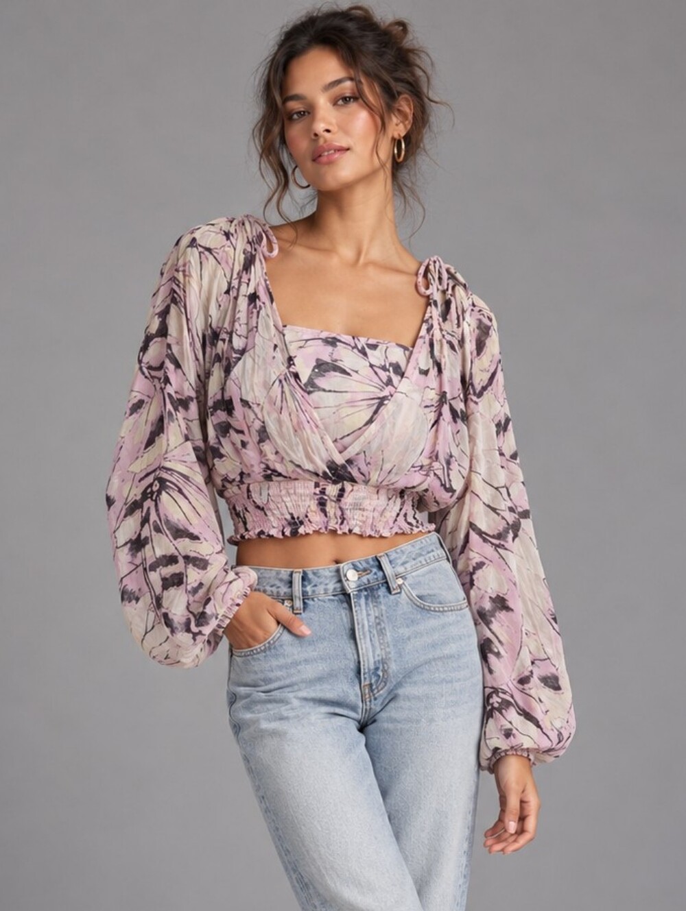 By Anthropologie Smocked Sheer Floral Blouse Purple Pink Large